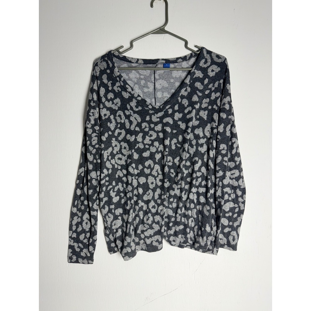 Old Navy Womens Grey Leopard Animal Print V-Neck Long Sleeve Relaxed Top S